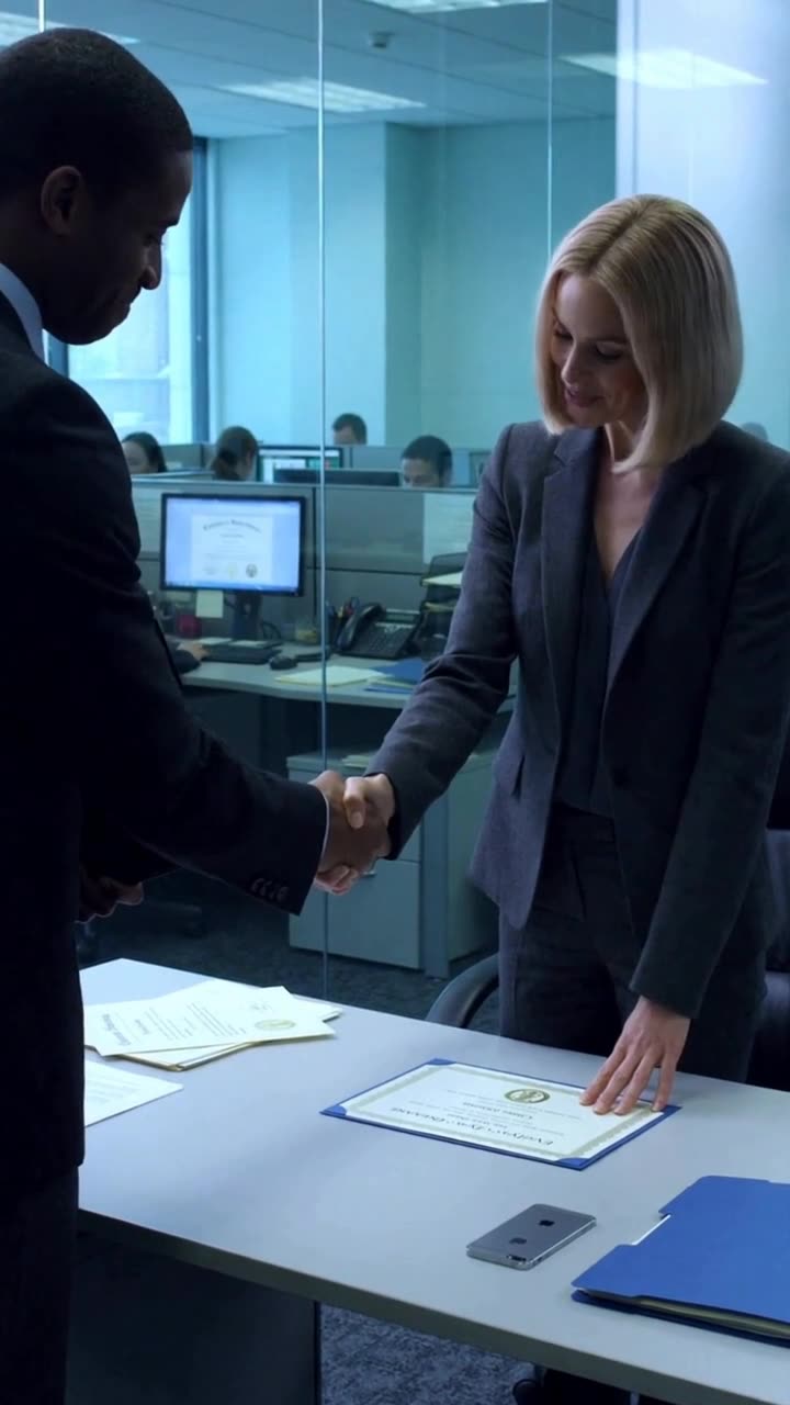 Evelyn clasps Marcus's hand in a congratulatory handshake, welcoming him to the executive team.