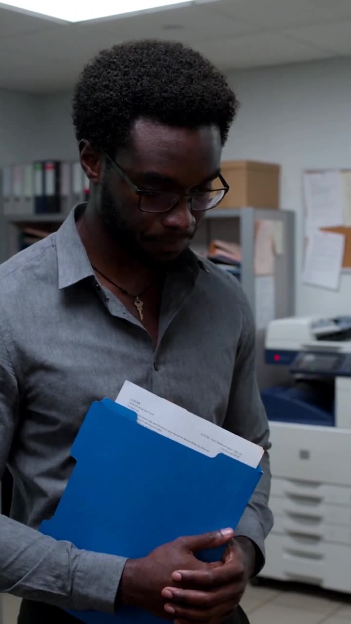 Lucas looks downward clutching the folder with a silver key visible at his collar