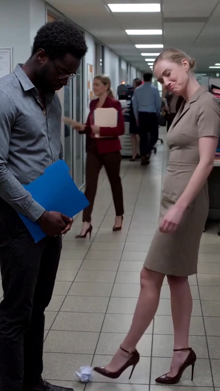Chloe steps back after dropping the crushed resume at Lucas's feet.