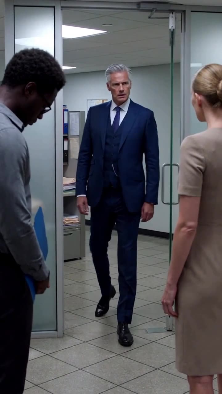 Richard in a navy three-piece suit strides through an open glass office door into the hallway confrontation.