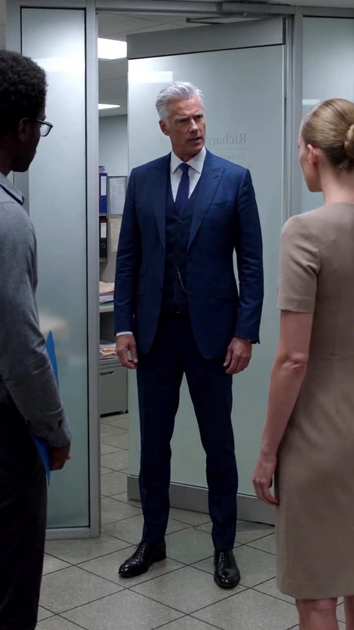 Richard confronts Chloe with a stern expression as Lucas observes the sudden turn of events.
