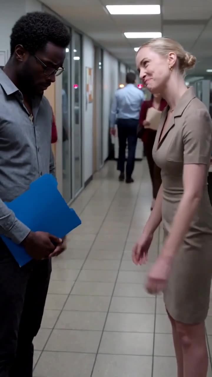 The female applicant smirking down at David as he clutches his blue interview folder