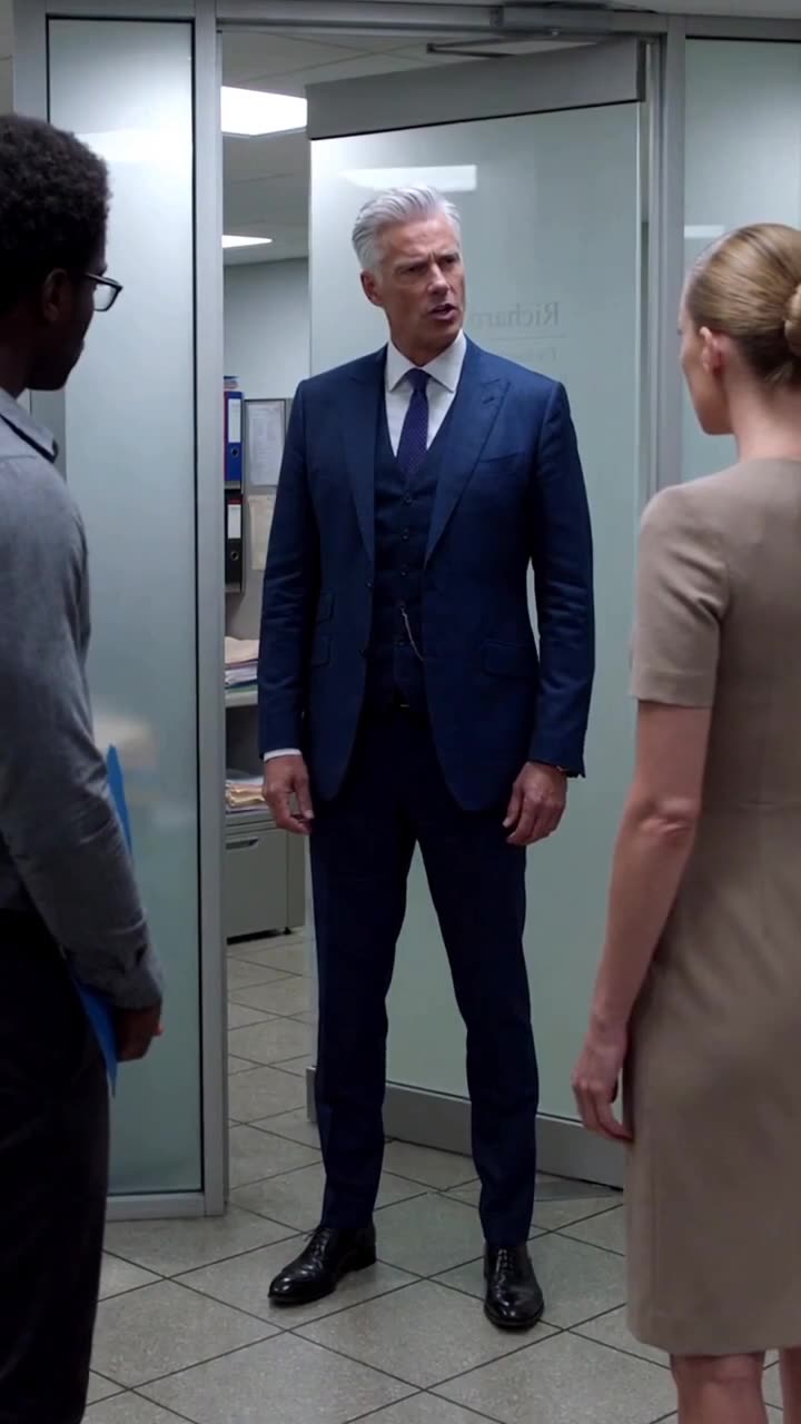 The silver-haired CEO in a tailored navy three-piece suit stepping out of the boardroom