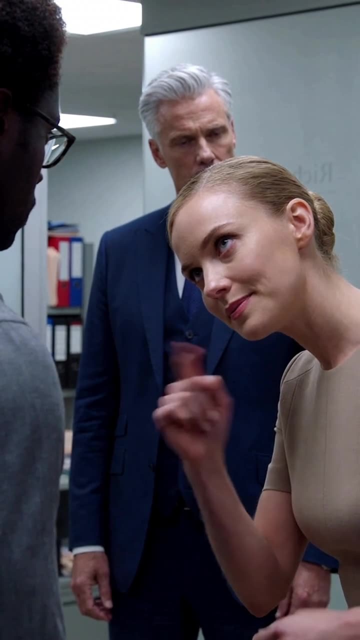 Chloe points an accusatory finger toward Lucas, offering a sly smile to the executive.