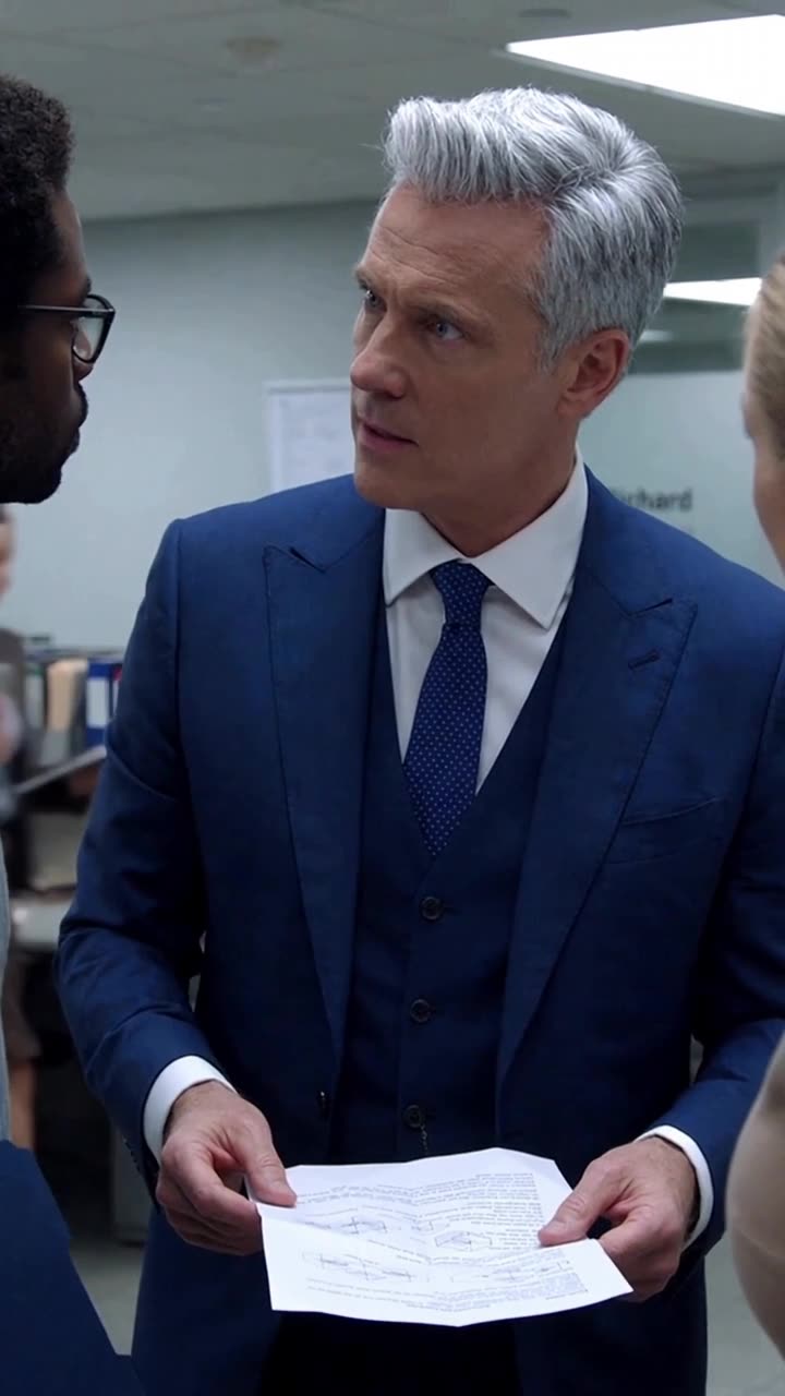 Richard looking up toward Lucas with intense scrutiny while holding the flattened document