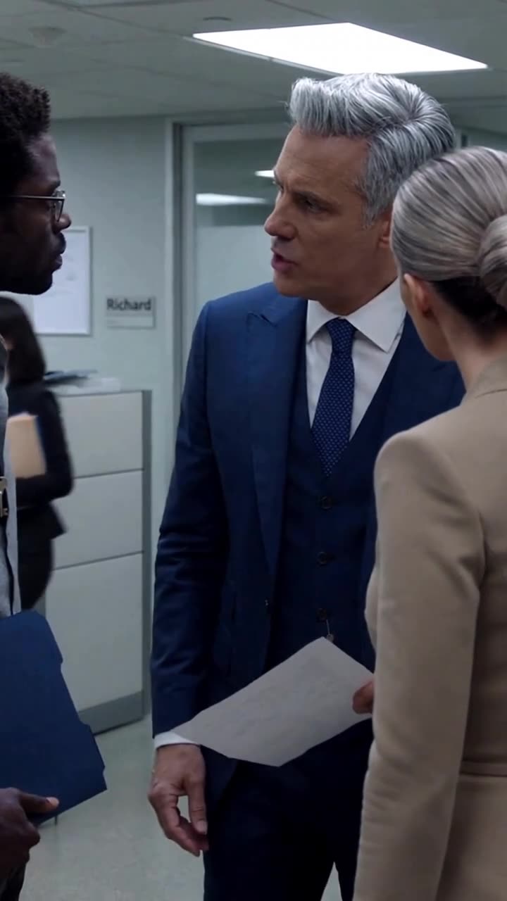 Richard steps forward to question Lucas as Chloe looks on in the corridor.