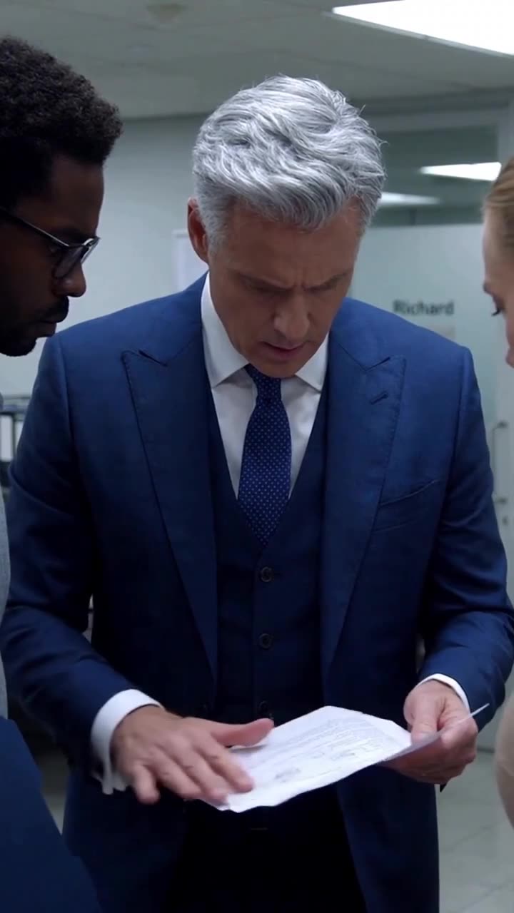 The silver-haired executive reviews documents intently alongside the anxious corporate applicants.