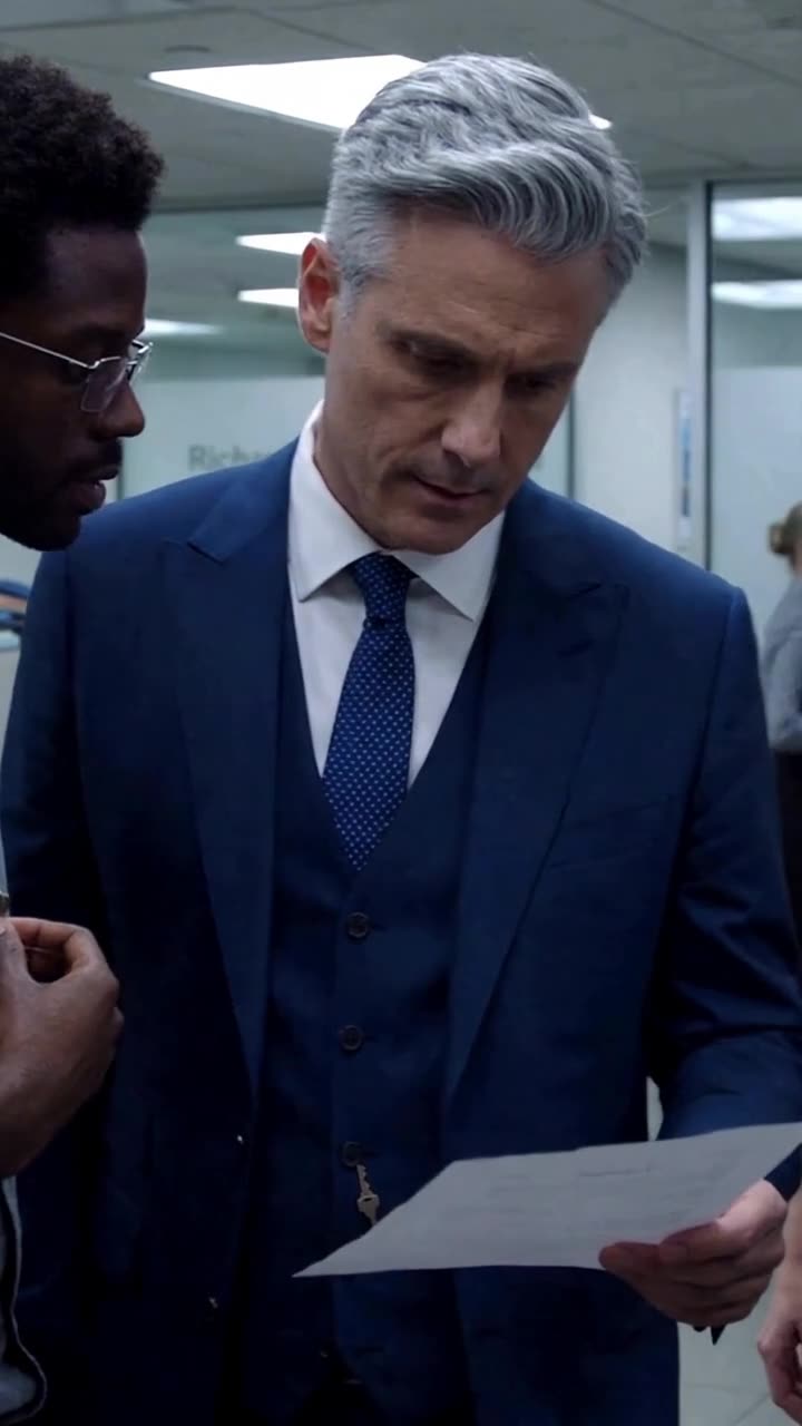 Silver-haired executive Richard examines official scholarship paperwork alongside Lucas with a subtle approving smile.