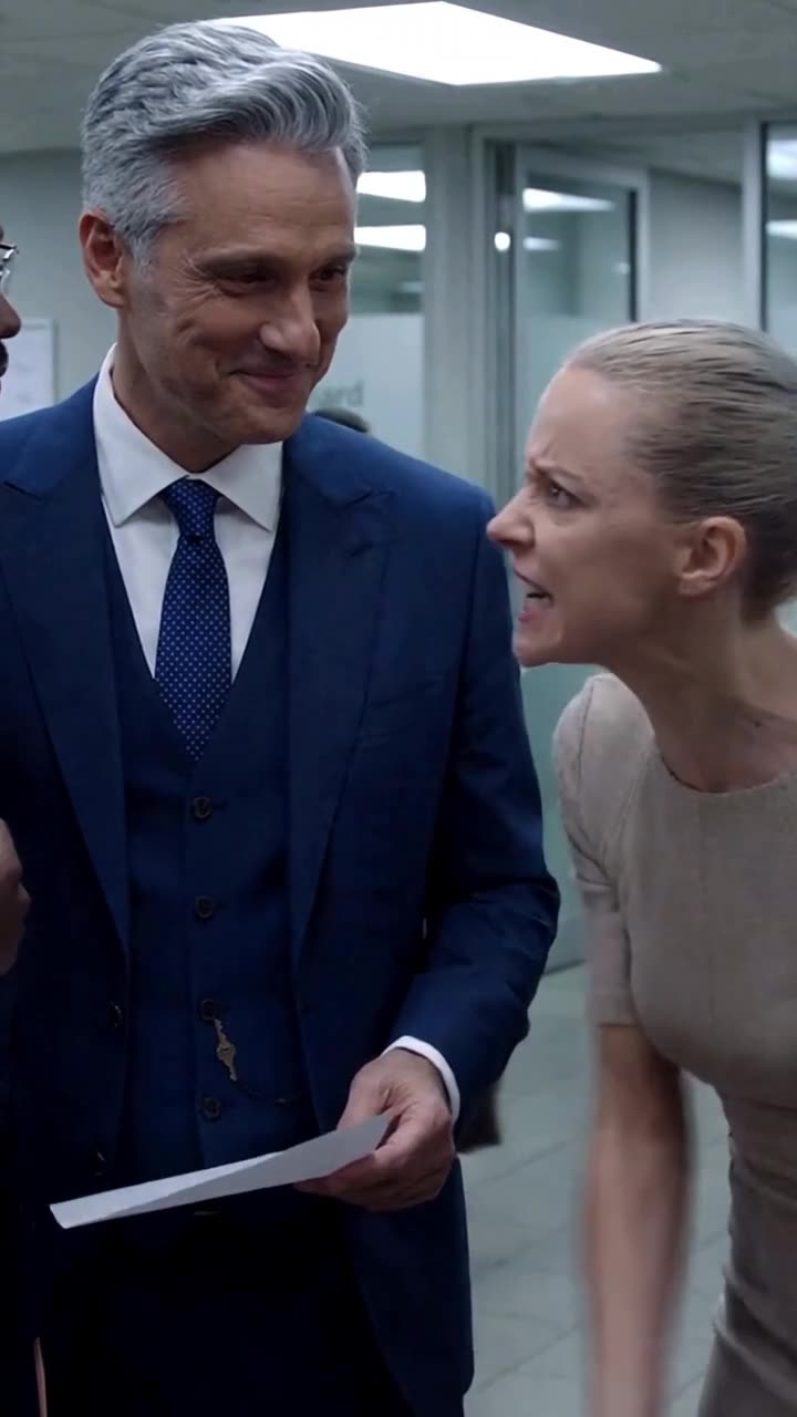 Chloe aggressively confronts Richard and screams an accusation against Lucas in the crowded corporate hallway.
