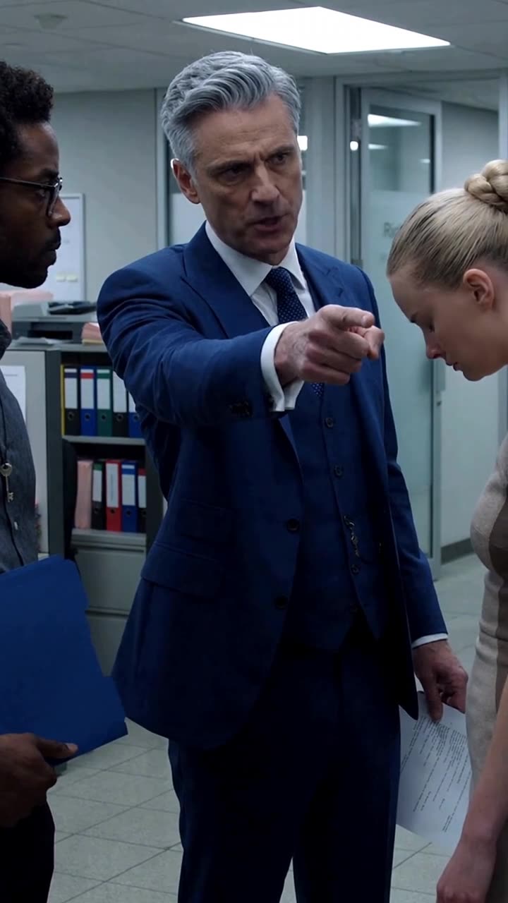 Richard points a commanding finger toward the exit, ordering Chloe to leave the building immediately.