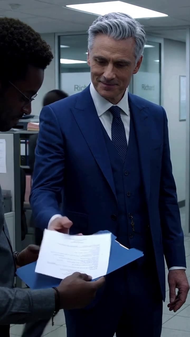Richard smiles warmly as he slips the resume back into Lucas's blue folder in the corporate corridor