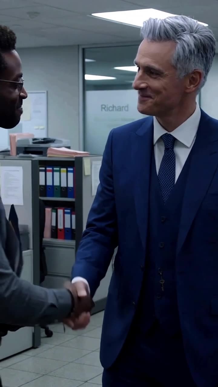 Richard shakes hands with Lucas in the busy office corridor, formally welcoming him to the executive team