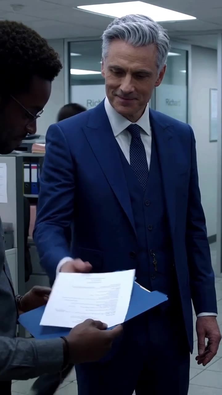 The smiling CEO hands the official papers directly to the deserving young man.