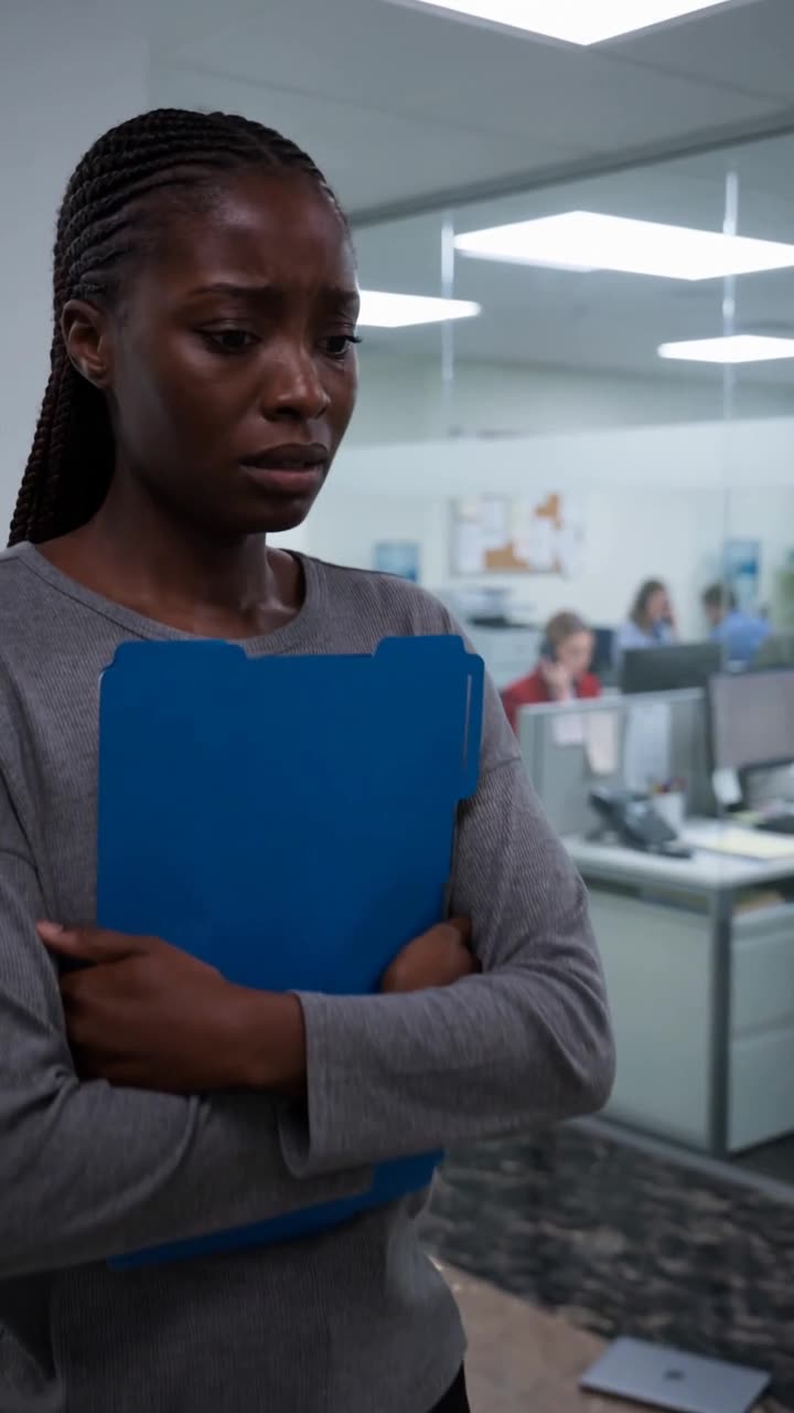 Maya clutches her folder in distress as the dropped laptop rests on the tile floor