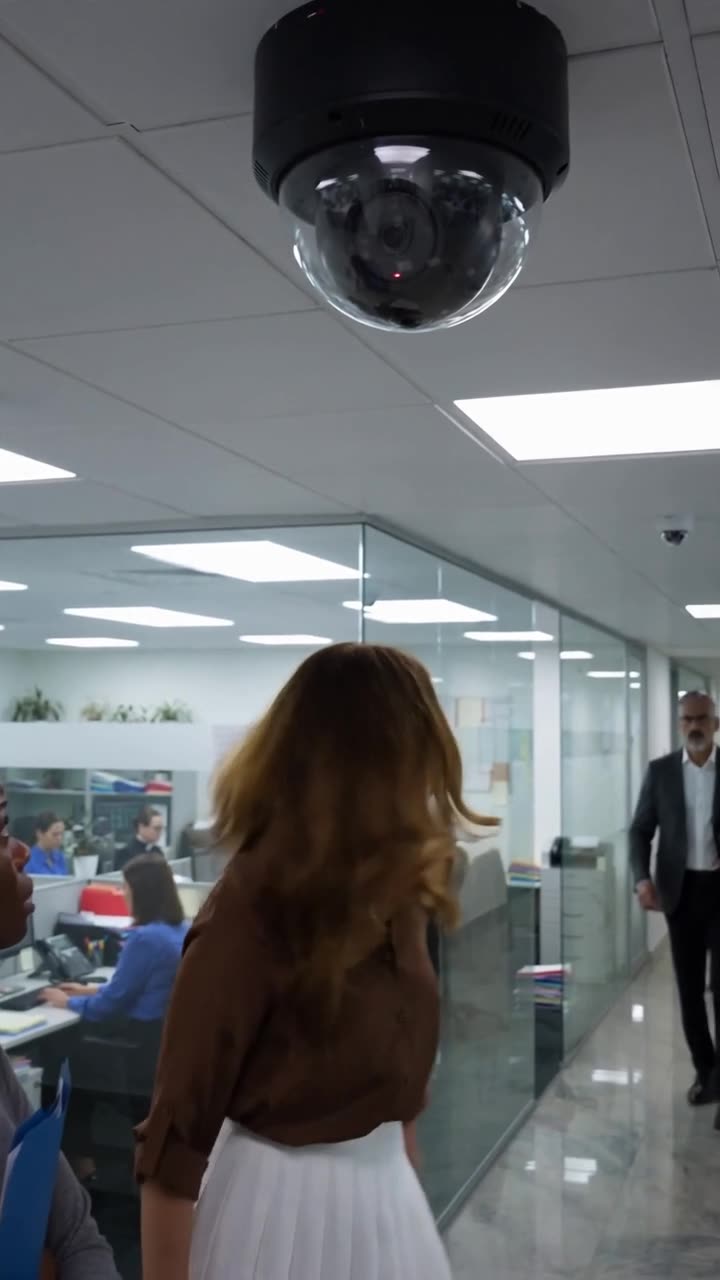 An overhead dome security camera blinks red as Arthur approaches from the end of the corporate hallway.