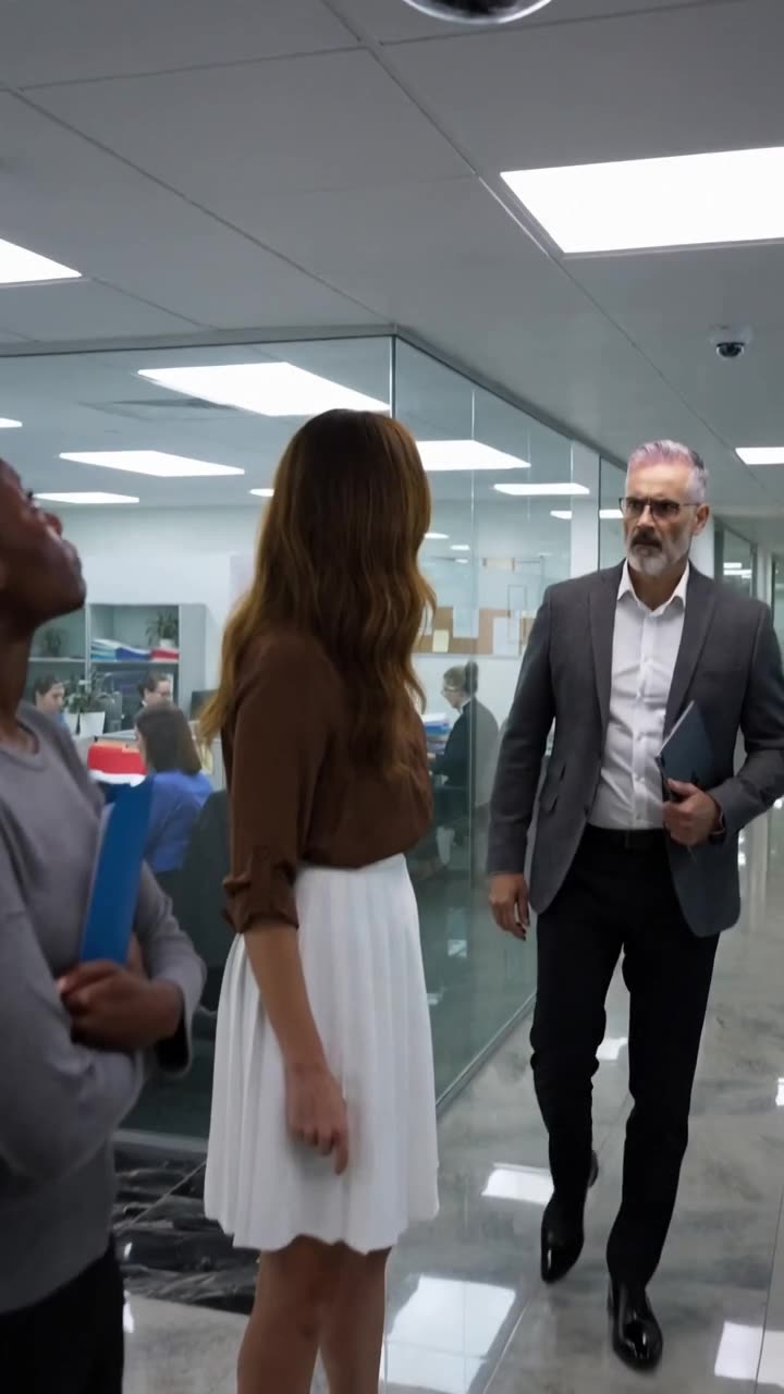 Arthur arrives holding a digital tablet while Maya glances up at the ceiling security camera.