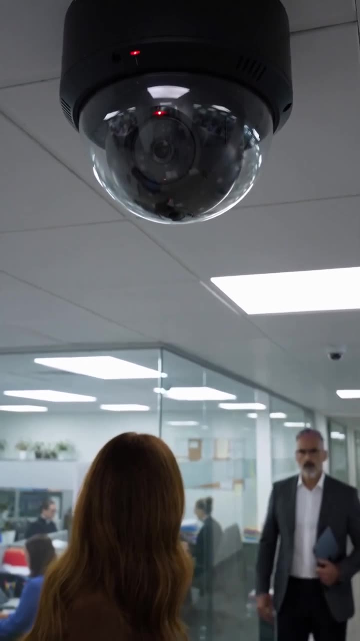 Overhead security camera watching CEO Vance approaching the hallway