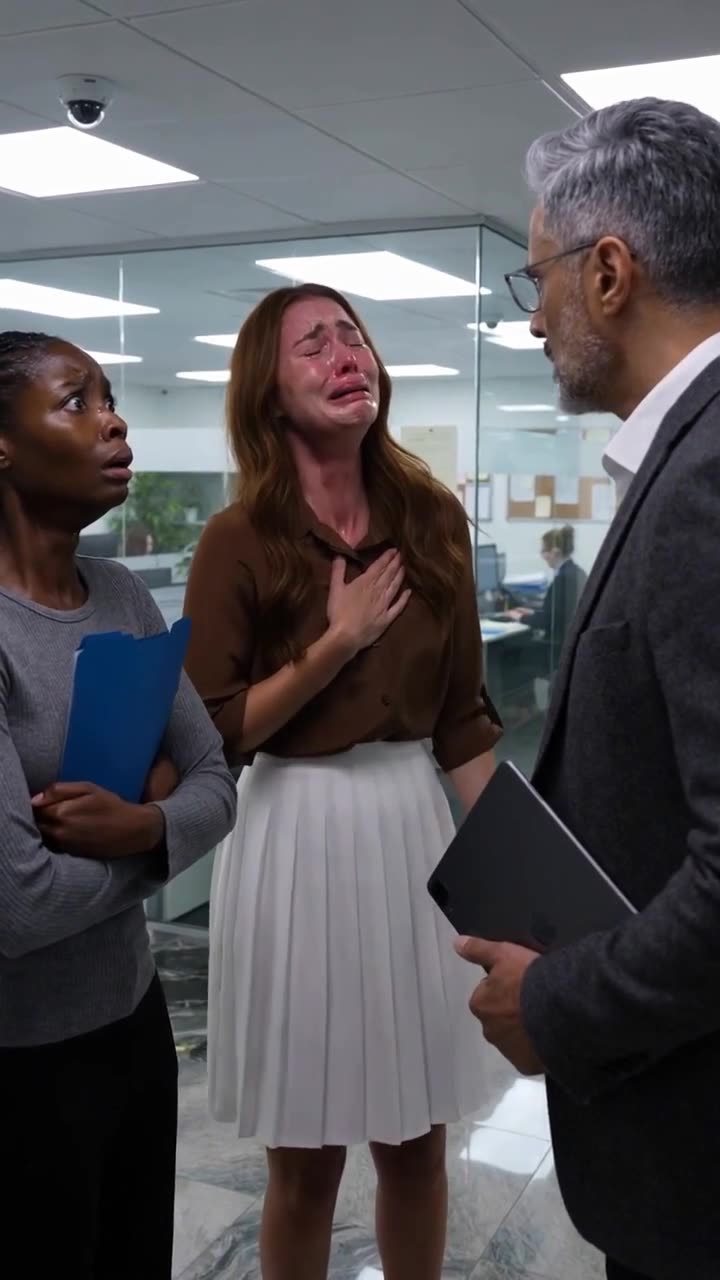 Samantha weeping theatrically on her knees before Vance as Maya watches in shock