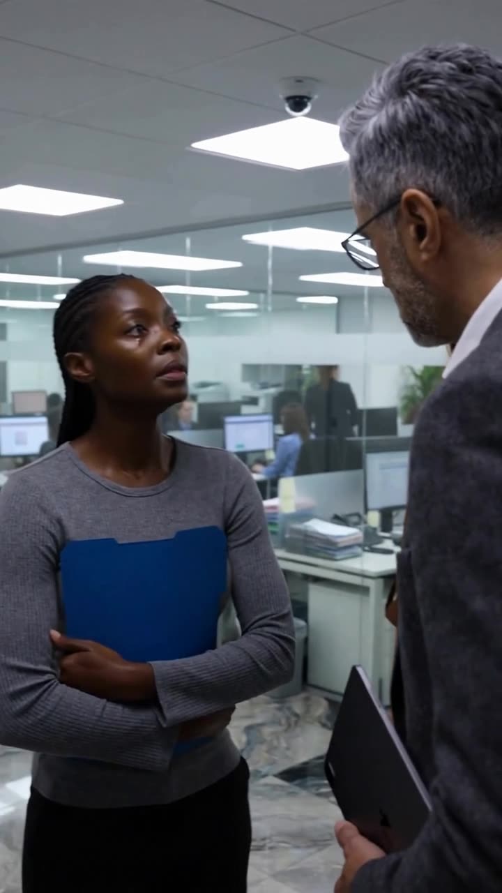 Arthur Vance glares down sternly at Maya as she stands her ground in the corridor.