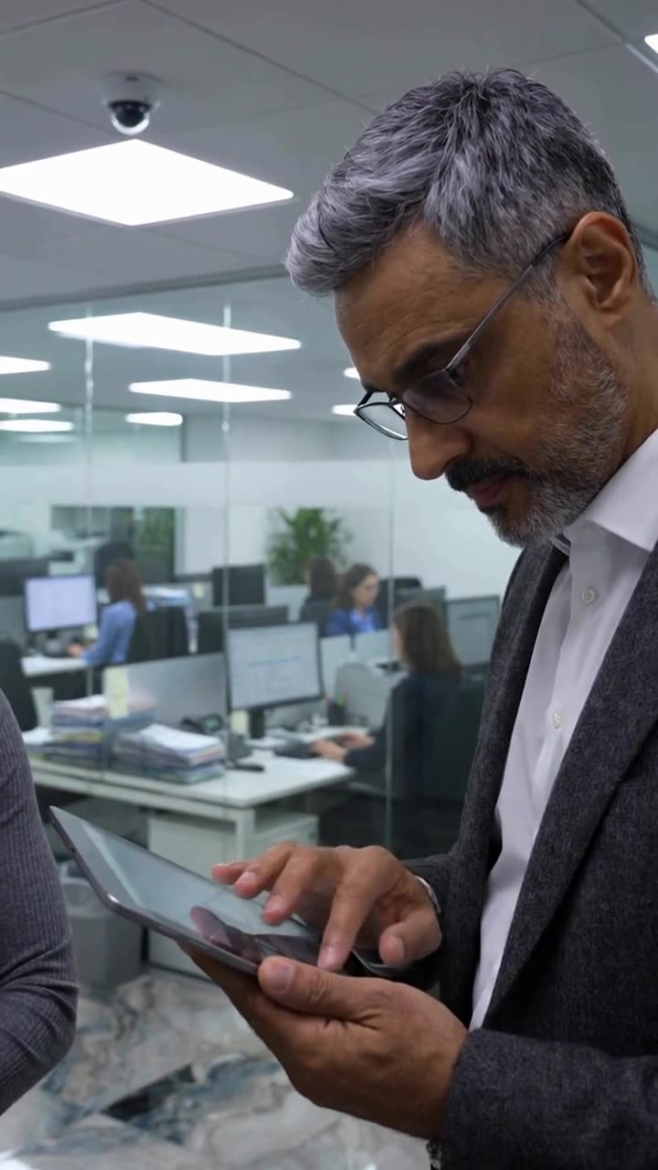 Arthur reviews the surveillance recording on his tablet to verify what happened to the dropped laptop.