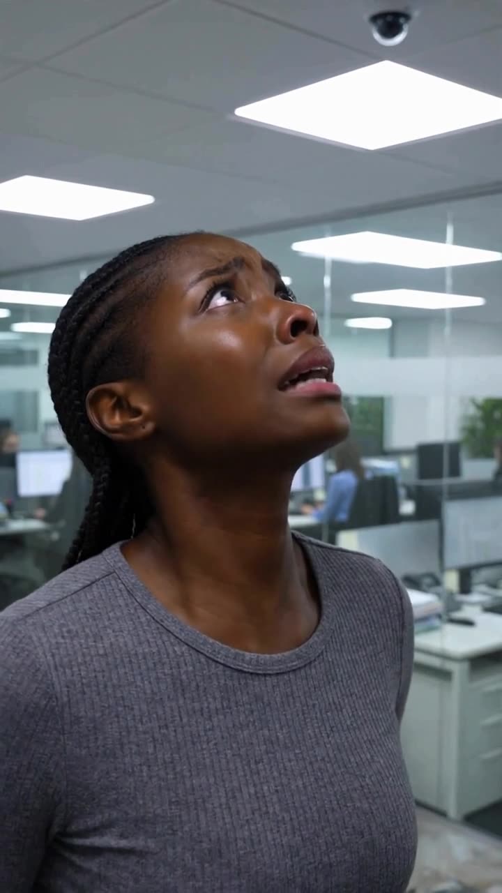 Maya gazes upward toward the active security camera in intense emotional relief.