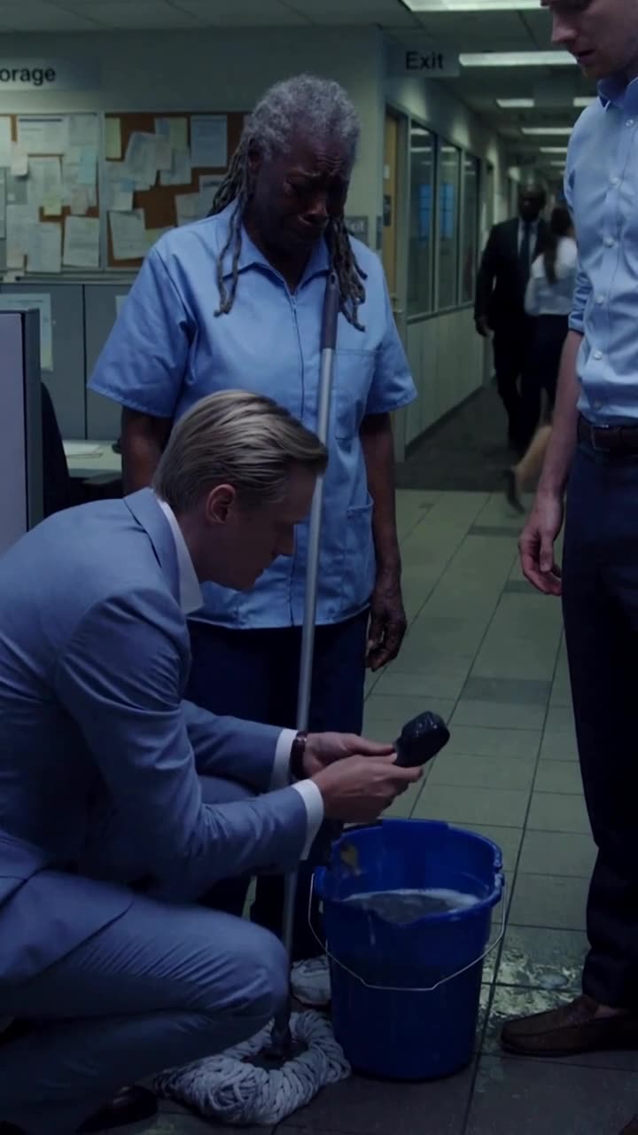Julian crouches in his pastel suit to pull Martha's submerged smartphone from the murky water.