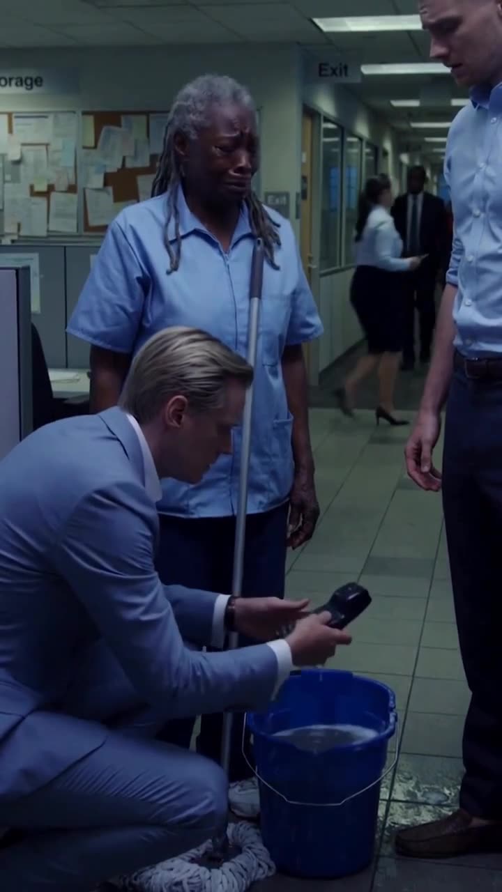 The CEO kneels down in his tailored suit to retrieve the soaked phone from the dirty mop bucket