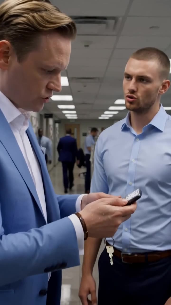 Julian confronts Tyler in the office corridor while holding the waterlogged device