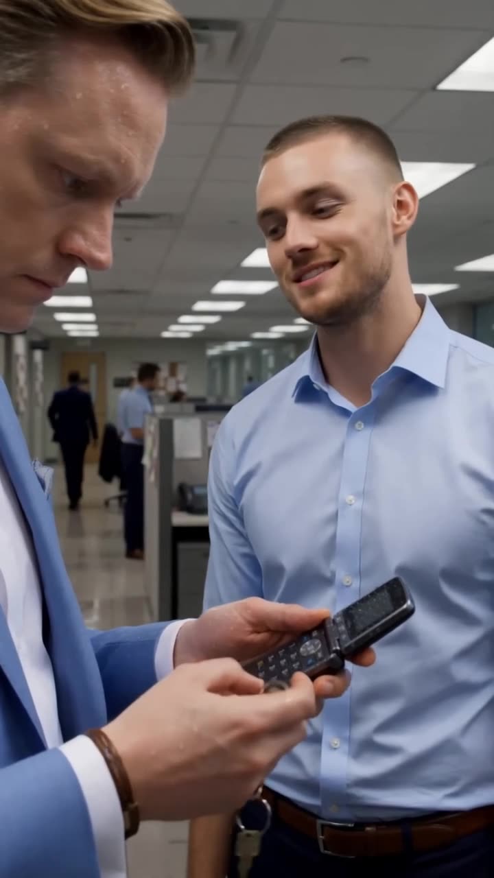 Julian inspects the opened flip phone as Tyler smirks dismissively in the hallway