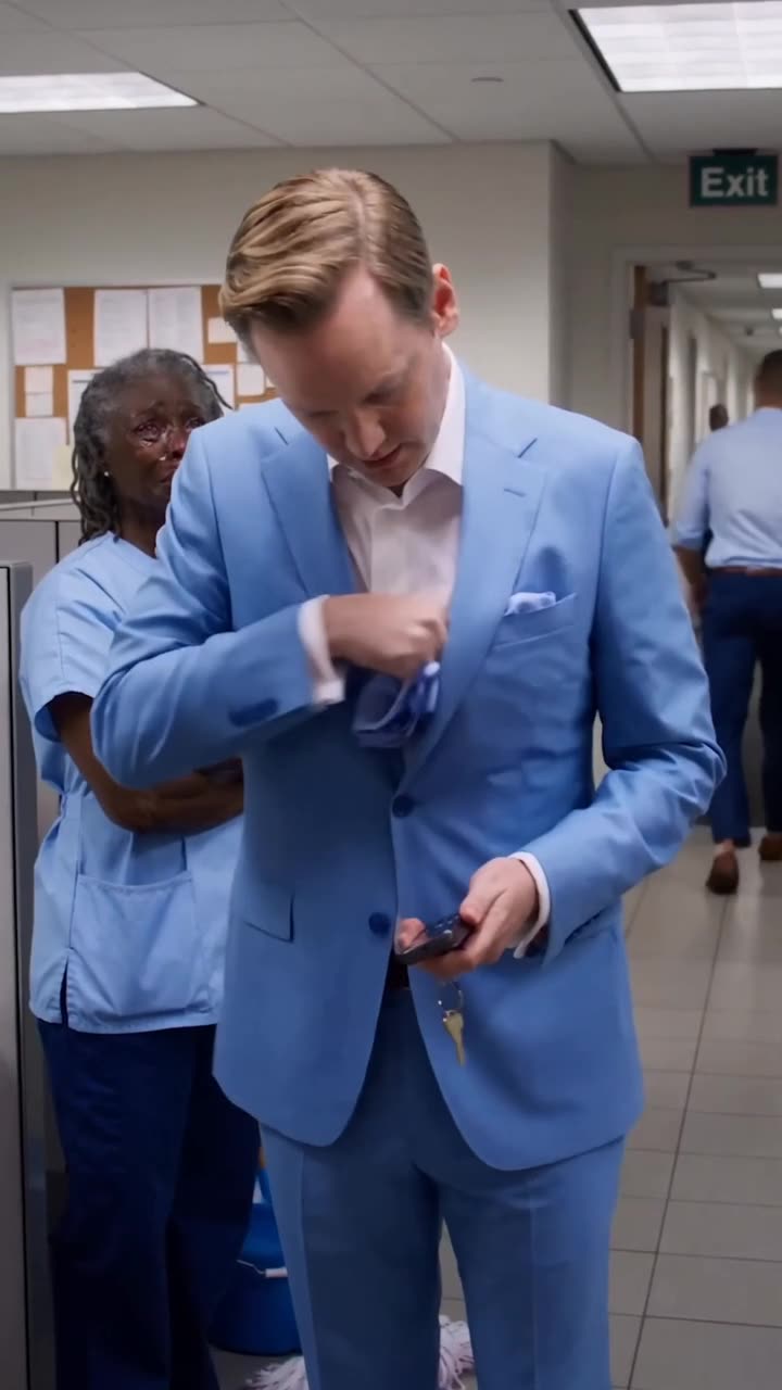Julian reaches into his breast pocket to retrieve a cloth to clean Martha's phone.