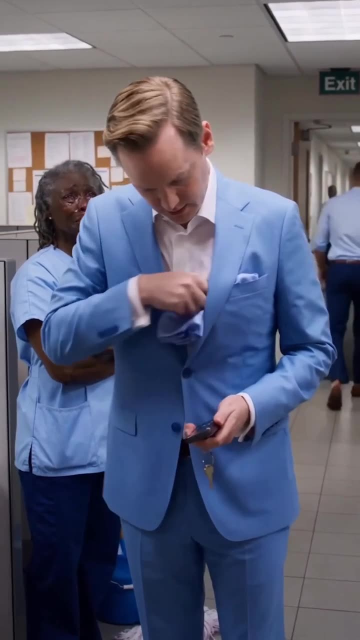 The CEO retrieves a handkerchief from his pocket to dry the phone as the weeping custodian watches in relief.