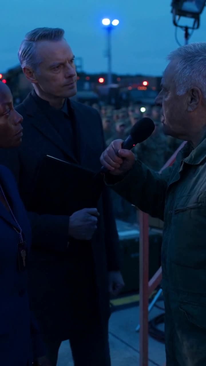 Colonel Thomas angrily raises a microphone to question Julian's presence on the airfield