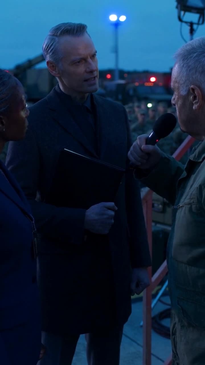 Julian confronts Colonel Thomas directly, holding a black folder and ordering him to stand down