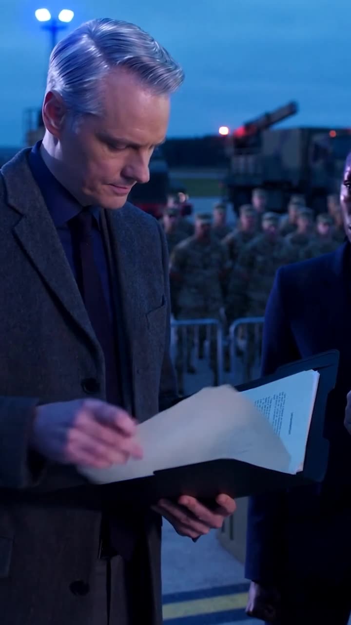 Julian opens a black folder containing official orders on the tarmac