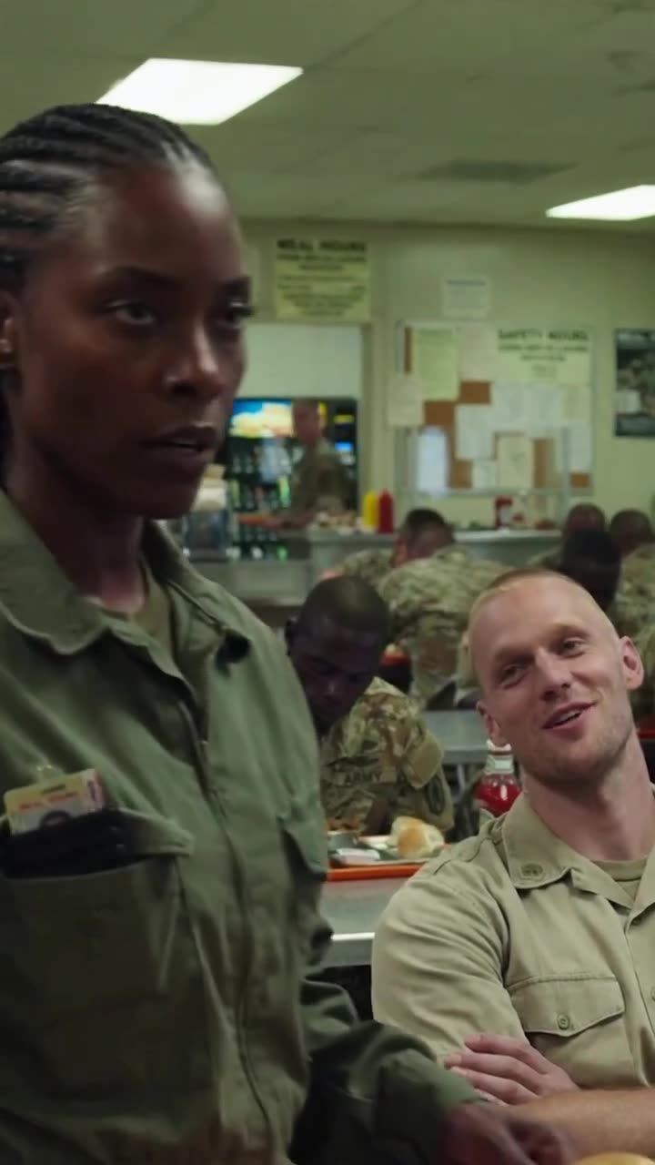 A female military officer in green utilities stands firmly, confronting the smirking soldier.