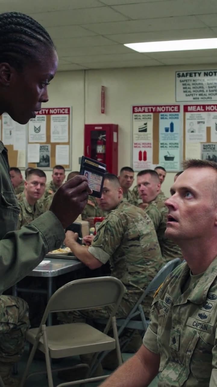 Maya displays the military ID directly before a stunned Brad in the mess hall.