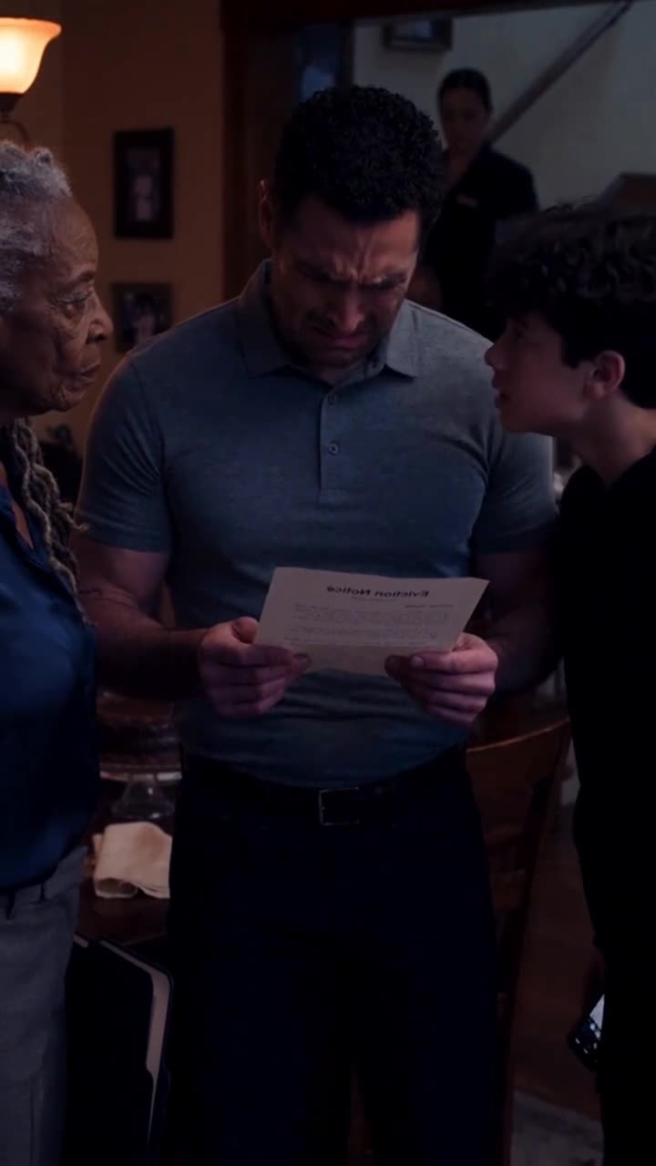 Tyler questions his father while Evelyn looks on with calm authority.