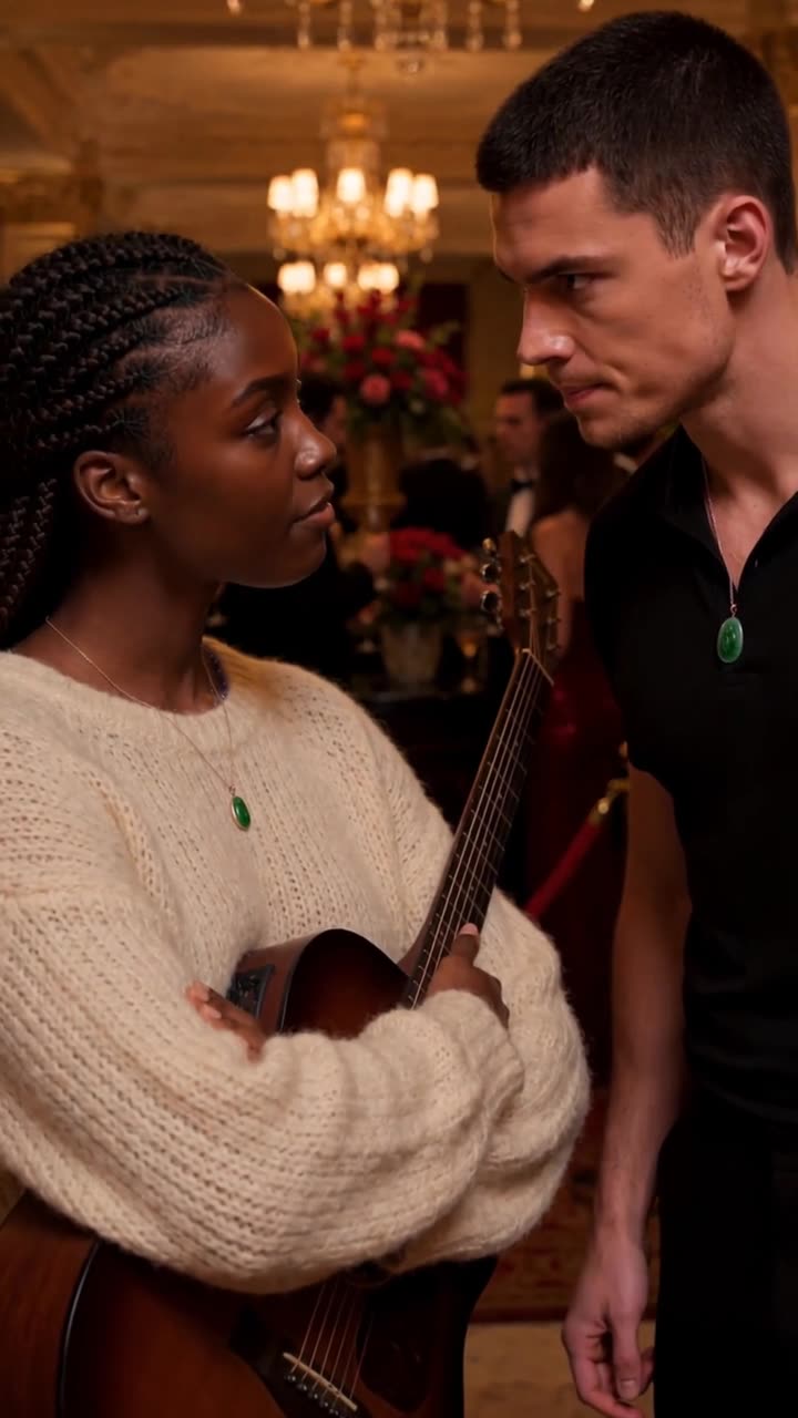 Maya holds her acoustic guitar firmly as matching green jade lockets shimmer on both their necks