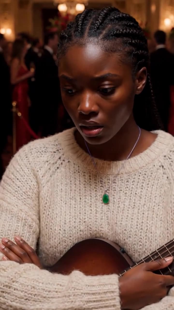 Close-up of Maya gasping in shock as the green jade locket rests against her knit sweater.