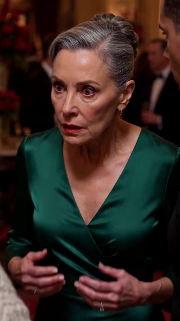 Close-up of Eleanor's shocked expression and raised hands upon noticing the green jade necklace