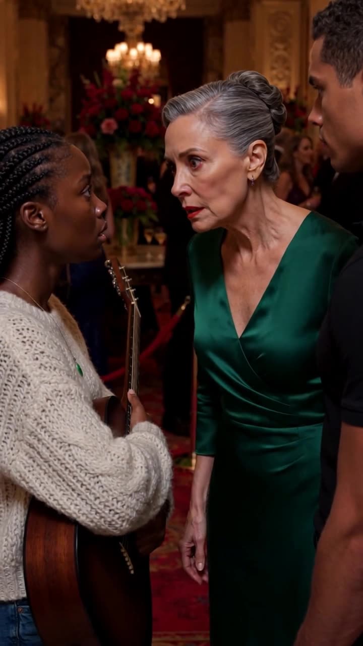 Eleanor confronting Maya face-to-face in the crowded ballroom, demanding the origin of the locket