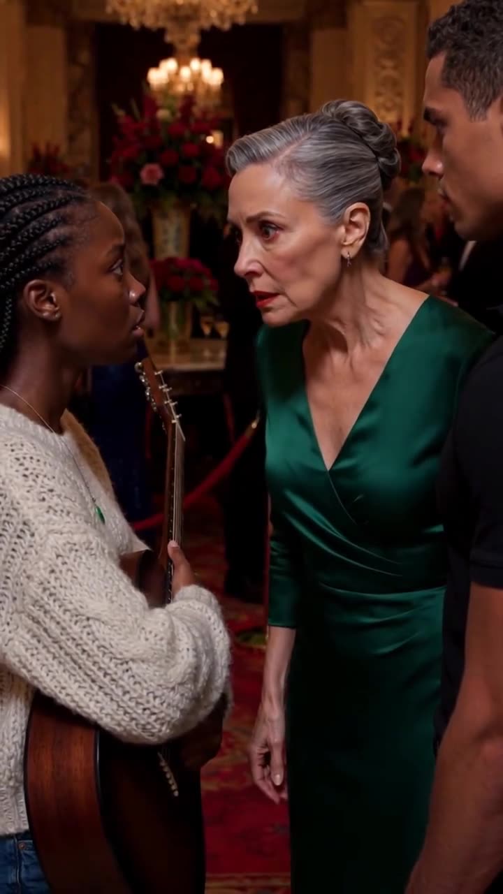 An elegant older woman in a green silk gown confronts the musician with a look of stunned disbelief.