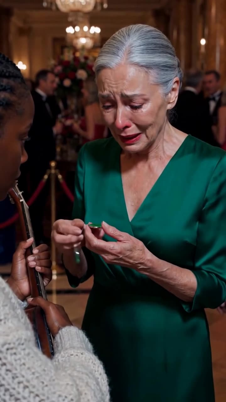 Eleanor tearfully examines the green jade locket held in her trembling fingers before the gala crowd.