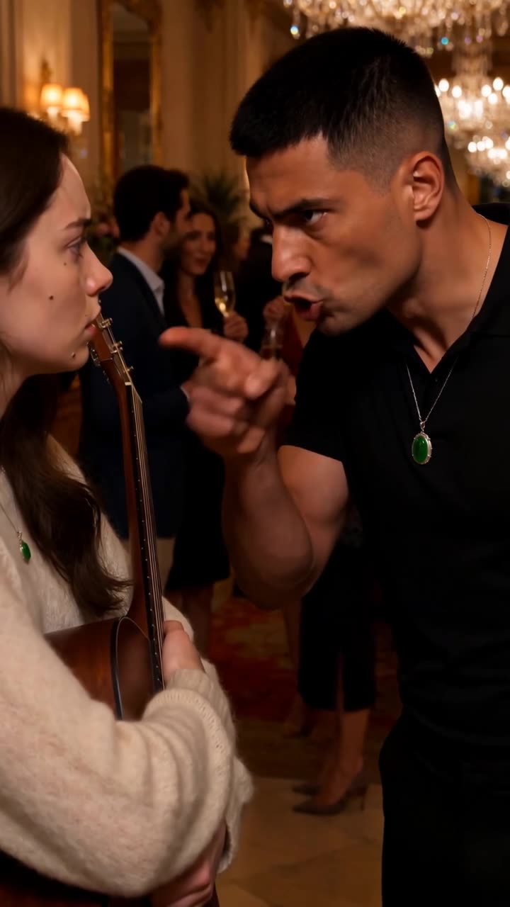 Romain points an aggressive finger at Emma, demanding she leave the lavish ballroom.