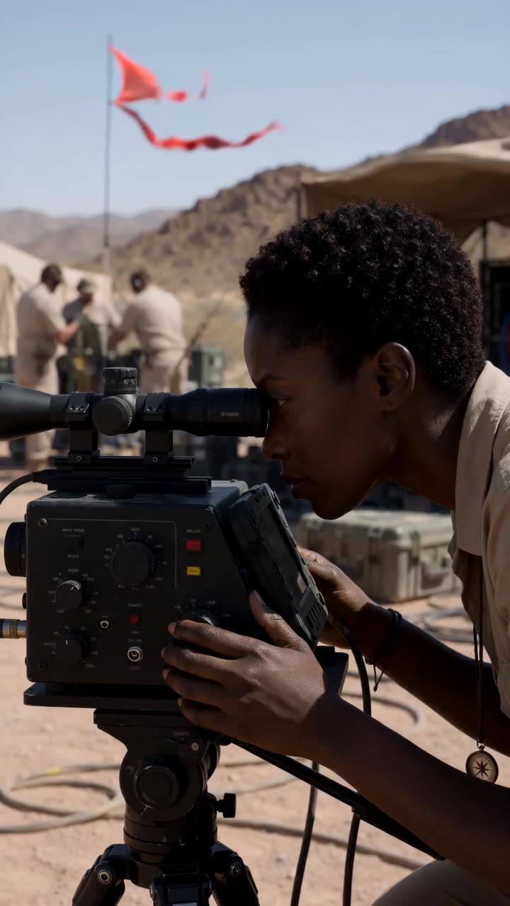Maya peers through the eyepiece of the optic console, lining up the target as a red ribbon flutters.