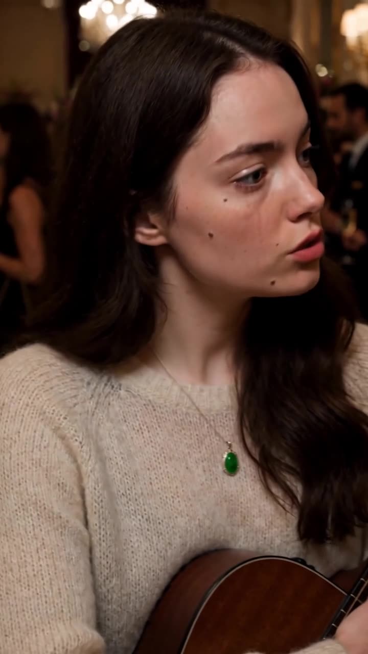 Close-up of Emma gasping in shock as the green jade pendant rests against her cream wool sweater.