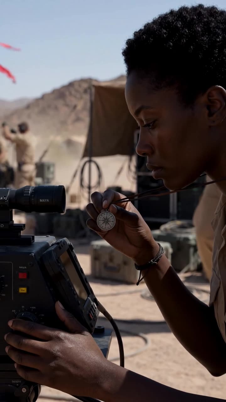 Maya holds up a steel compass pendant etched with calibration codes beside the tracking rig.