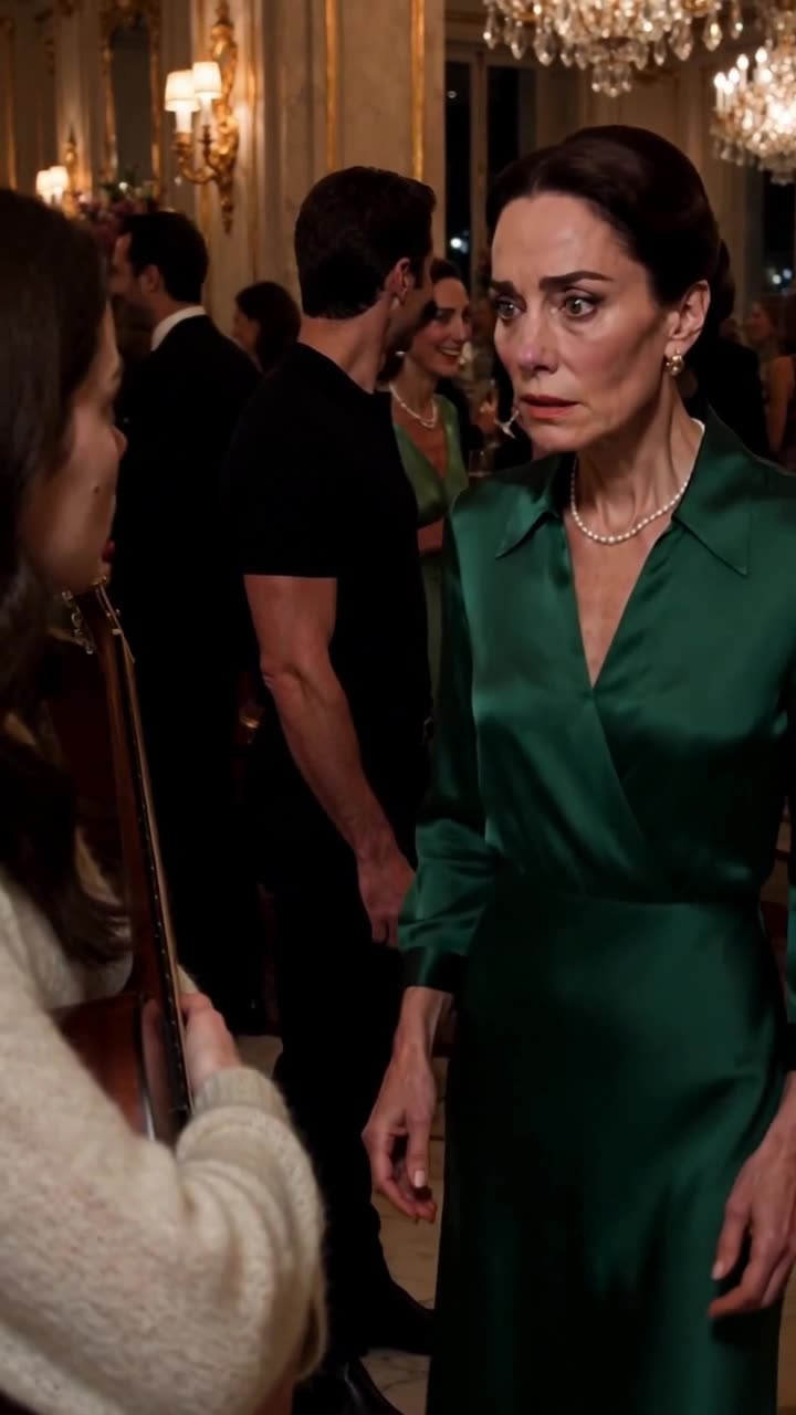 Catherine in an emerald dress walking through the crowd toward Emma