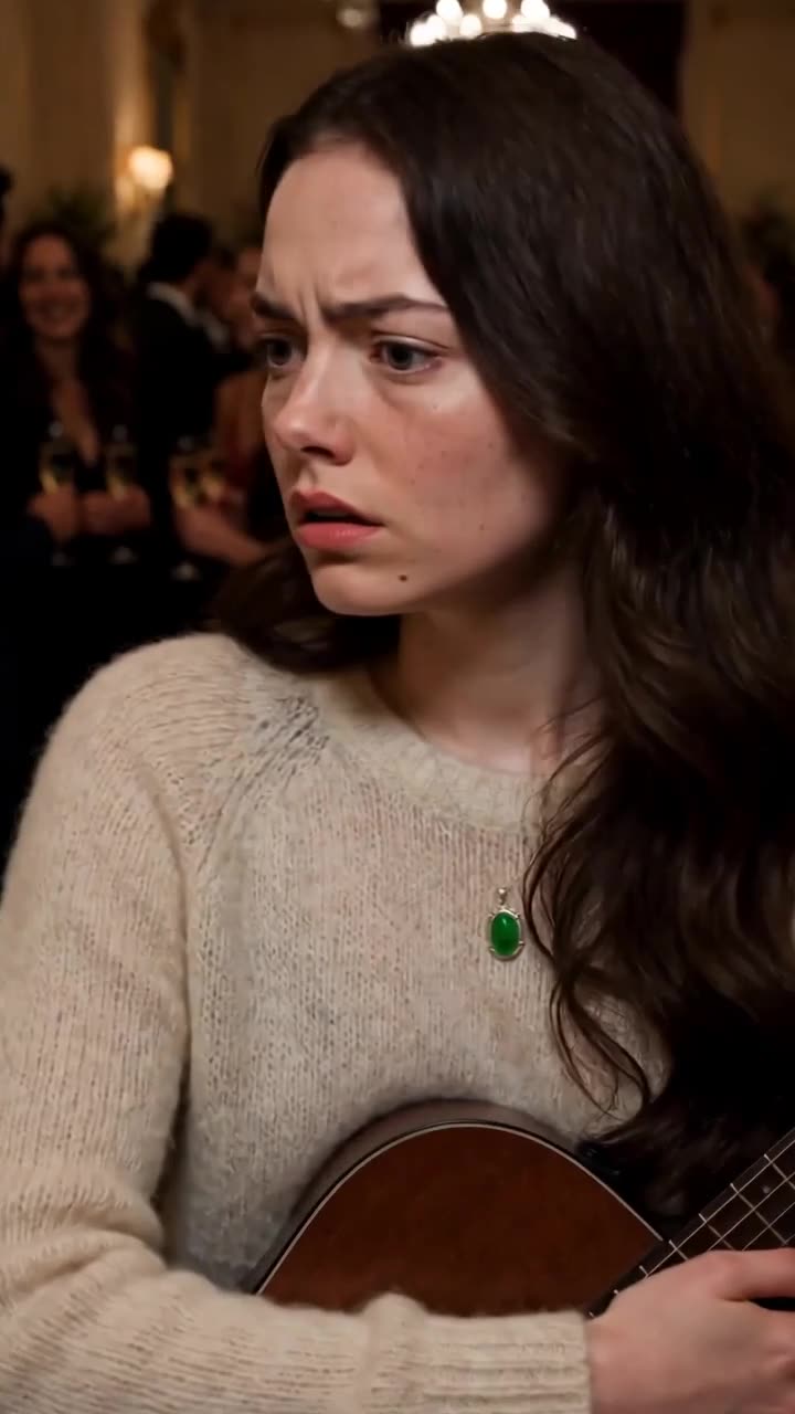 A young female musician looks on in shock while wearing a green pendant
