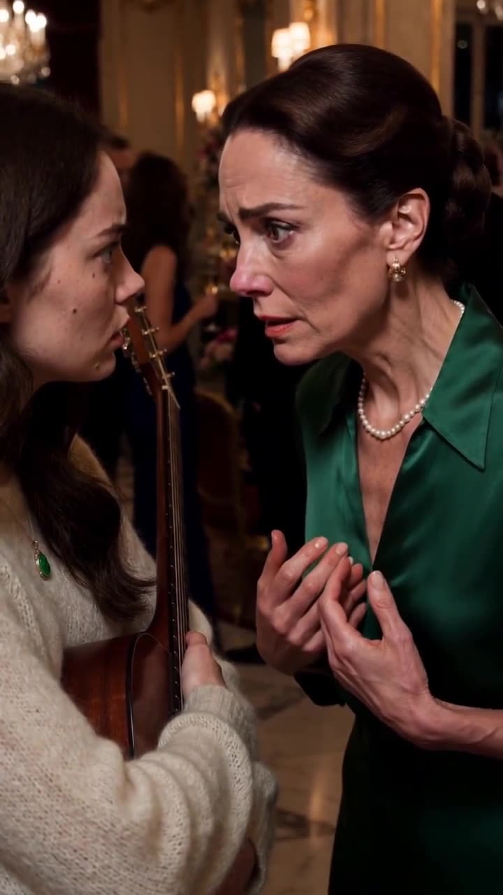 An elegant older woman in green silk gazes tearfully at the young woman